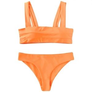 Never Worn | Zaful Wide Straps Padded Bandeau Bikini Set Neon Orange